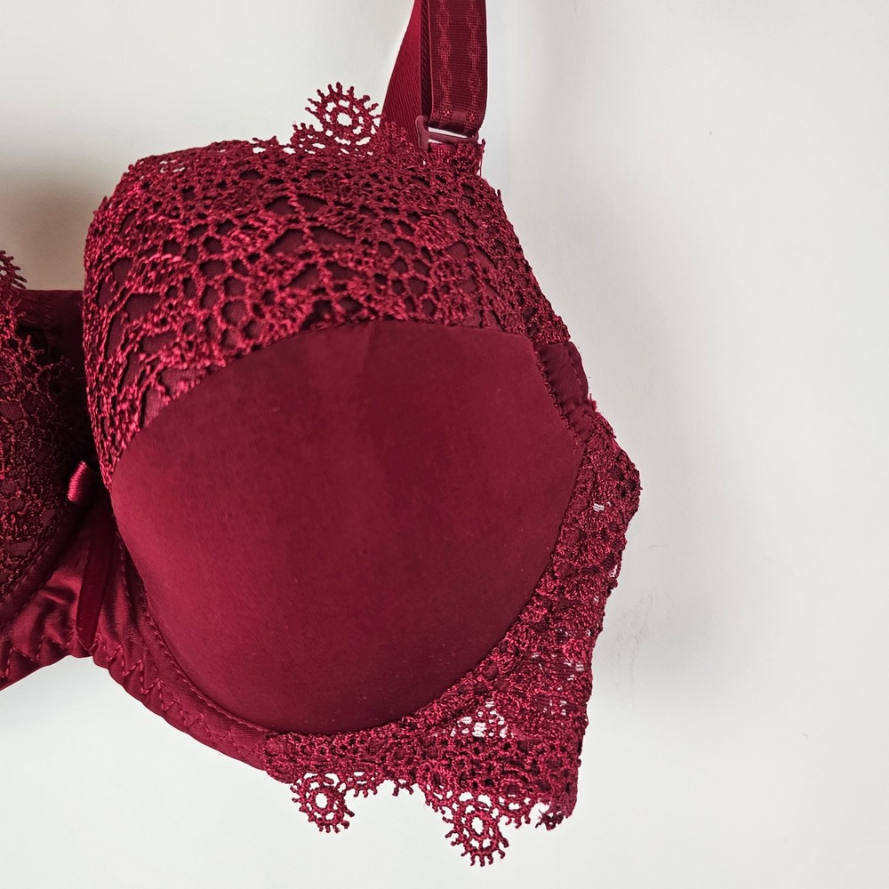 Burgundy Red Lace Push Up Bra Padded Underwire Floral Trim 85B 38B - Picture 5 of 7